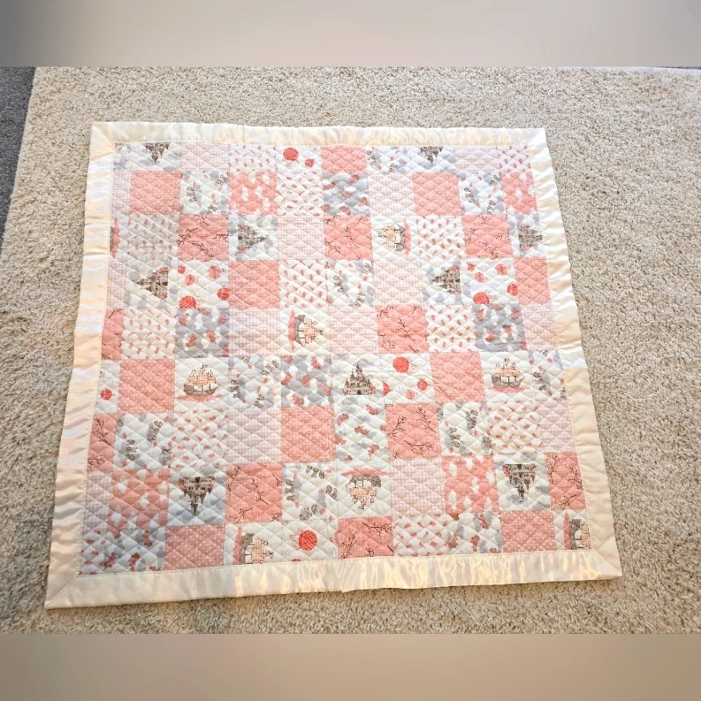 Precious Hand Made Baby Quilt Satin Edge Castles Sailboats Hotair Balloons